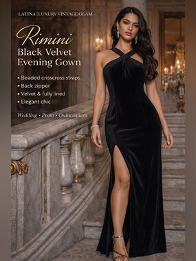 Rimini Black Velvet Evening Gown Beaded Strap Formal Dress Elegant